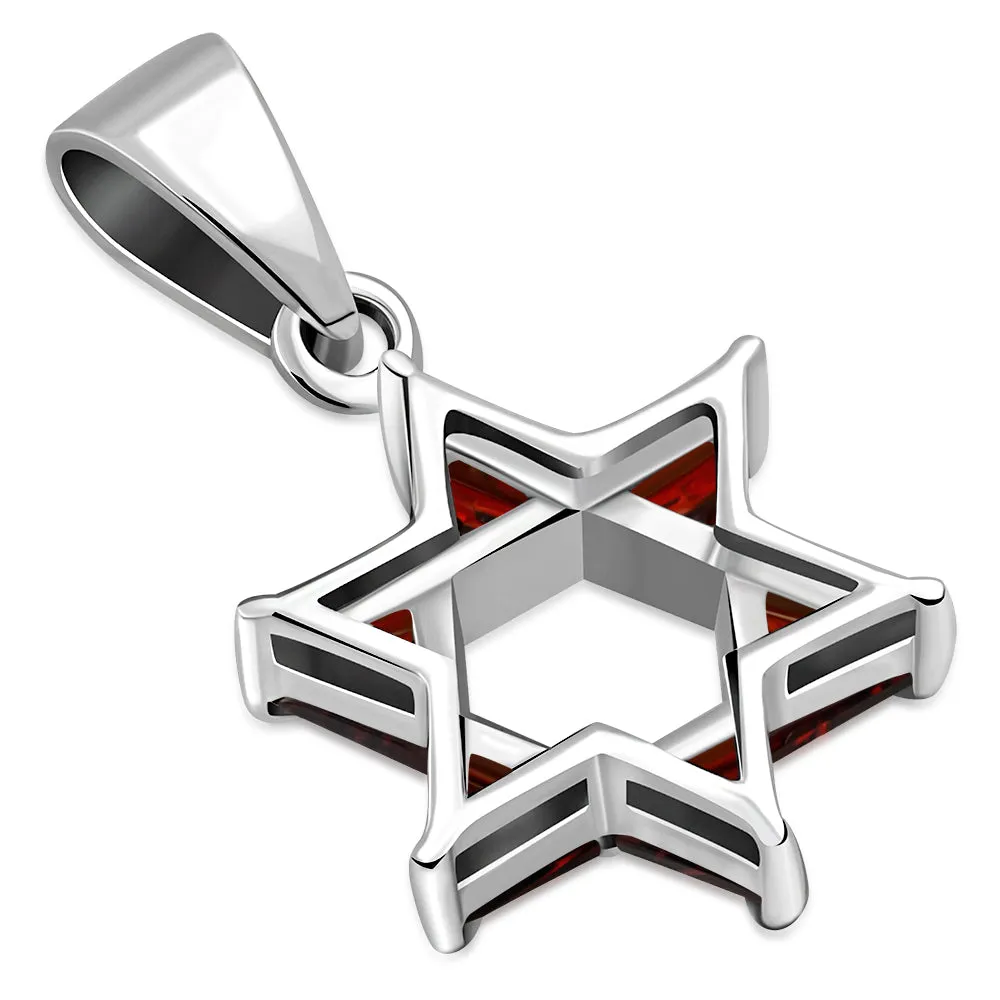 Tiny Star of David Silver Pendant set w/ Garnet CZ