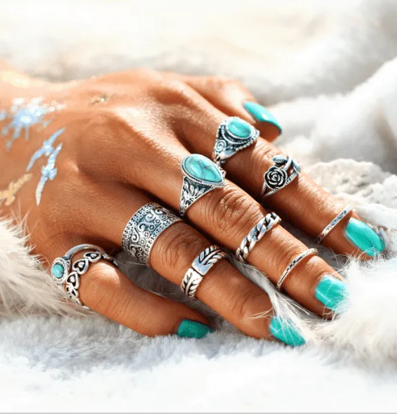 Turquoise Trendy Boho Midi-Knuckle Rings Set of 10 - Silver or Gold