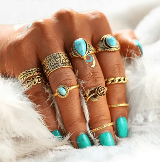 Turquoise Trendy Boho Midi-Knuckle Rings Set of 10 - Silver or Gold