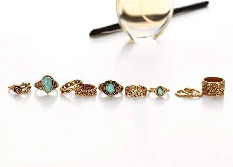 Turquoise Trendy Boho Midi-Knuckle Rings Set of 10 - Silver or Gold