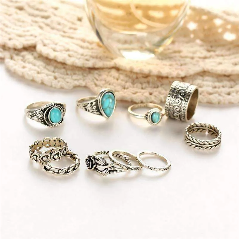 Turquoise Trendy Boho Midi-Knuckle Rings Set of 10 - Silver or Gold