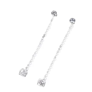 Two Wearing Rubik‘s Cube with Zircon Long Style Silver Drop Earrings for Women