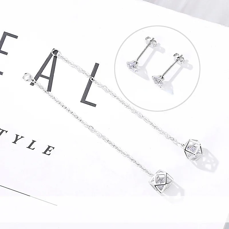 Two Wearing Rubik‘s Cube with Zircon Long Style Silver Drop Earrings for Women