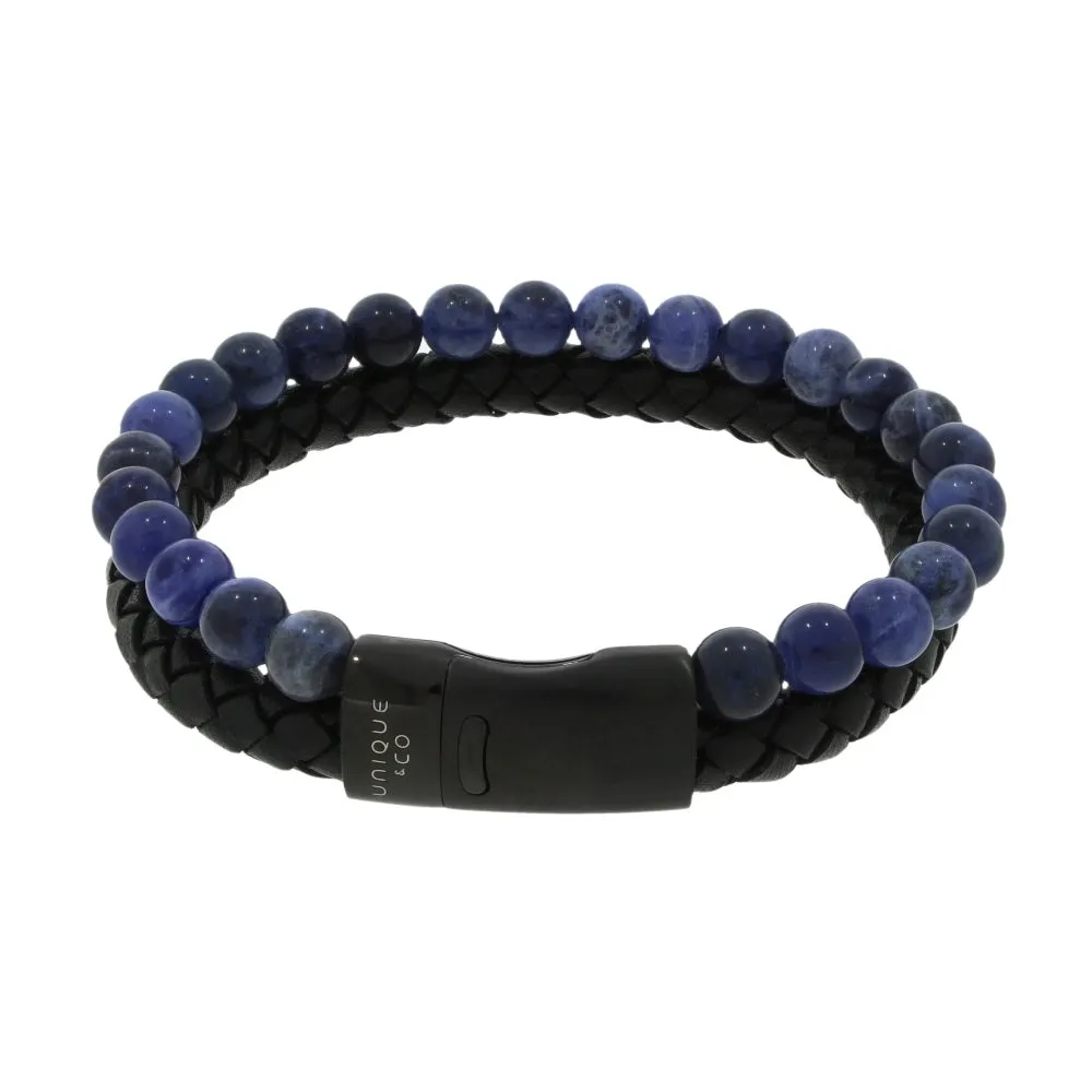 Unique & Co Blue Beaded and Leather Mens Bracelet B526BLUE