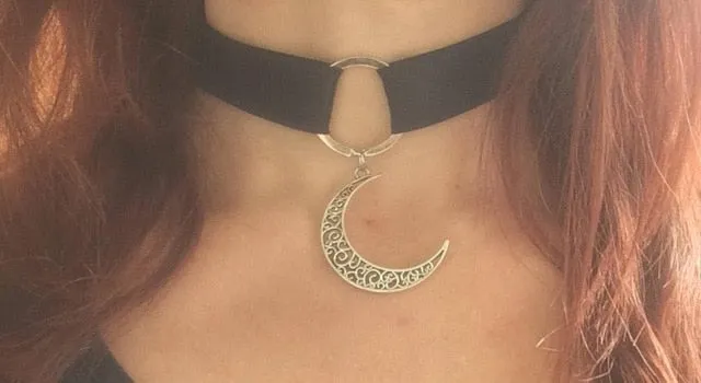 VenusFox Black Crescent Moon Choker, Black Velvet Choker Necklace