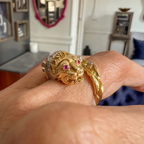 Vintage Lion Ruby & Diamond Bypass Ring