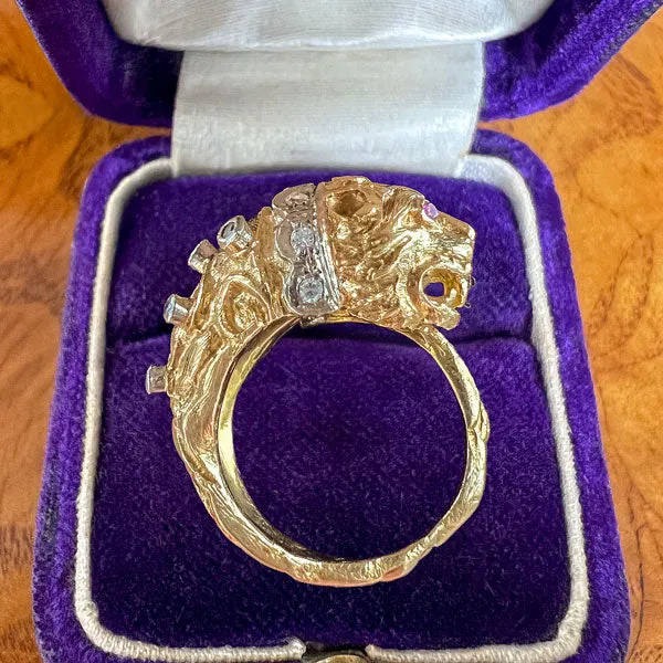 Vintage Lion Ruby & Diamond Bypass Ring