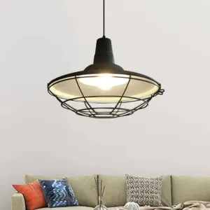 Vintage Metal Pendant Light - Stylish Wire Frame Ceiling Lamp | 1-Light Restaurant Hanging Fixture (Black)