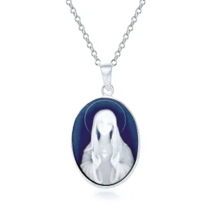 Vintage Simulated Blue Agate Virgin Mary Cameo Pendant Necklace in Sterling Silver