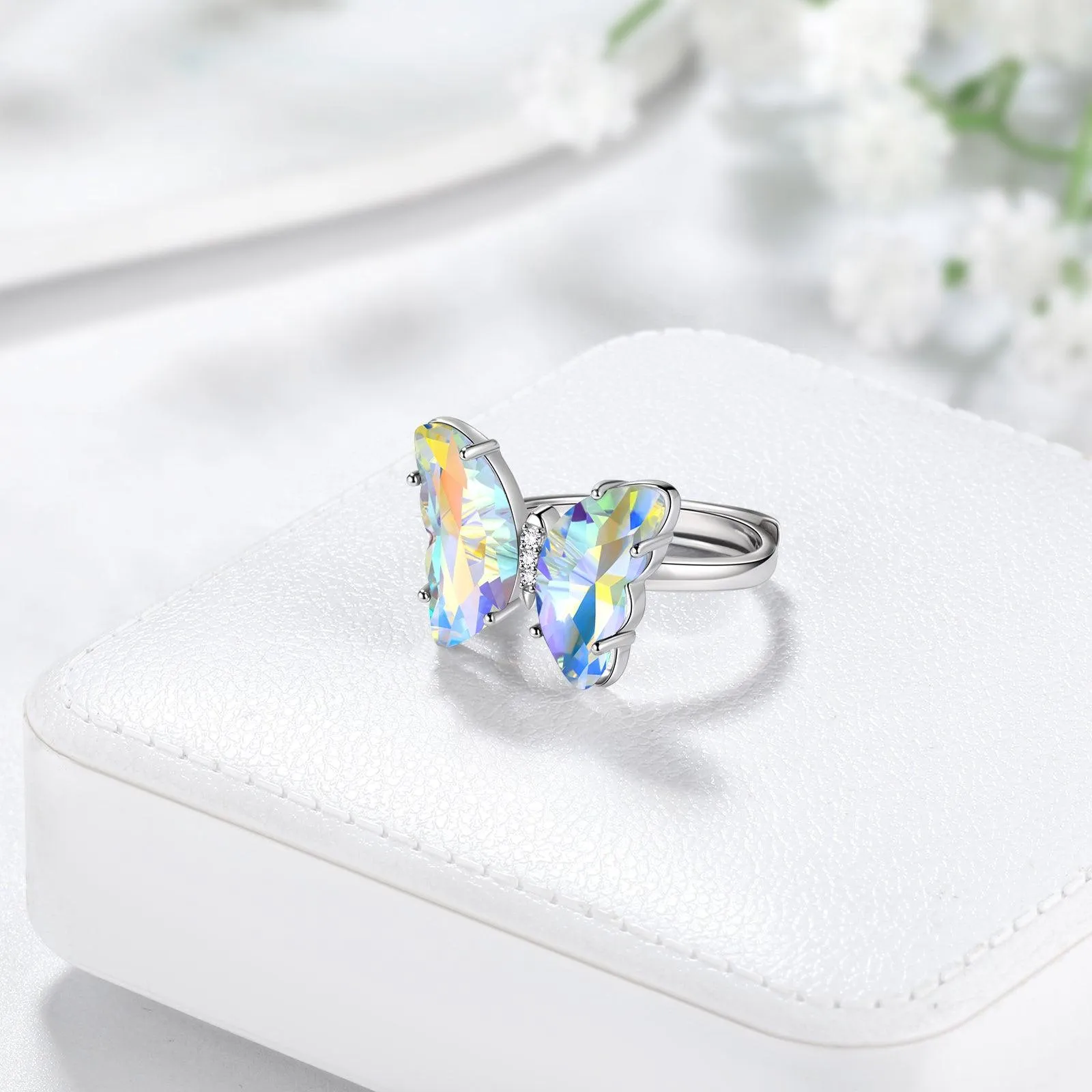 White Butterfly Ring April Diamond Birthstone Women Girls Jewelry Birthday Gift