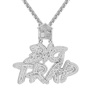 White Gold Tone Big Trap House Mens Baguette Icy Pendant