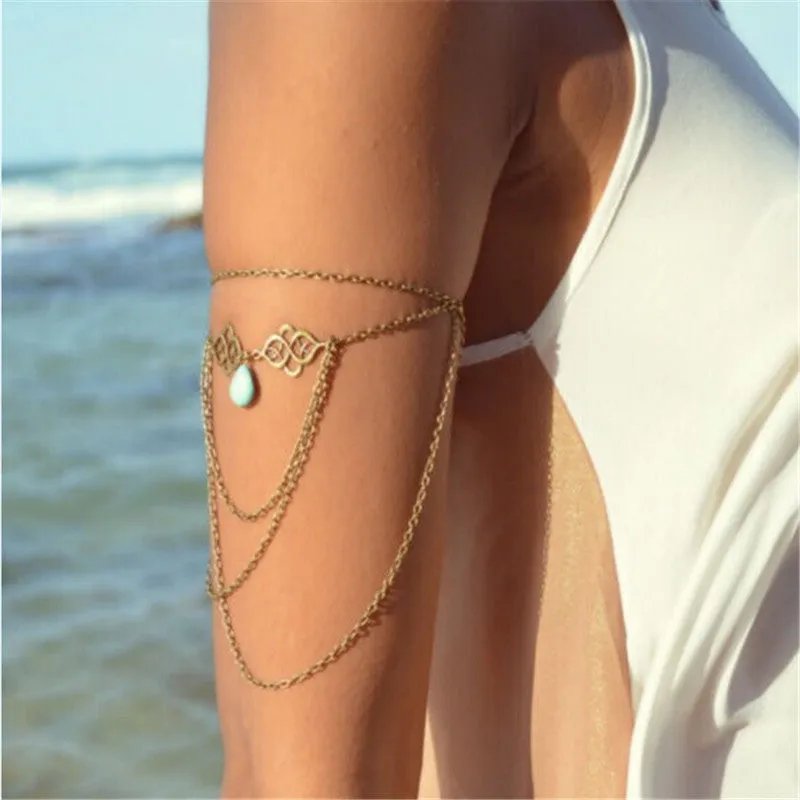 Women Tassel Upper Arm Bracelet Sexy Beach Water Drop Turquoise Pendant Armband