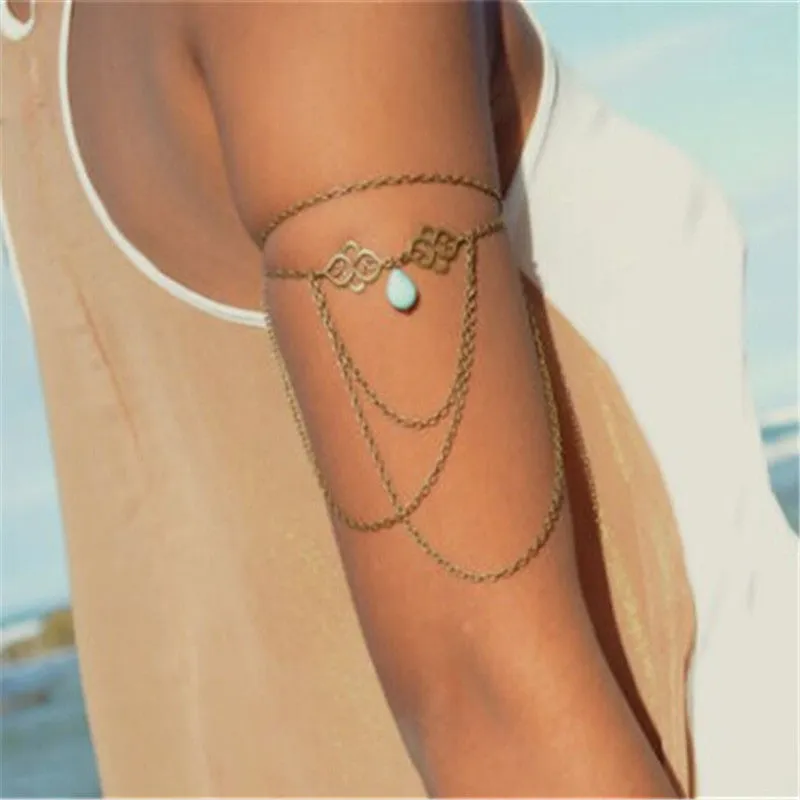 Women Tassel Upper Arm Bracelet Sexy Beach Water Drop Turquoise Pendant Armband